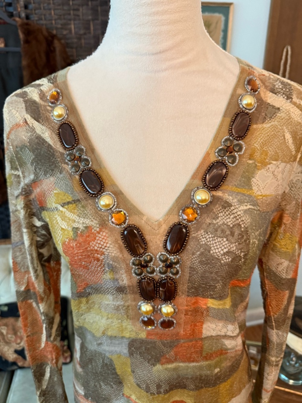 🍂✨ Vintage David Cline Embellished Mesh Top Abstract Earth Tone Y2K USA - Picture 2 of 10